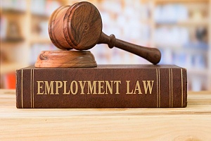 large brown employment law book with a judge gavel on top of it on a table