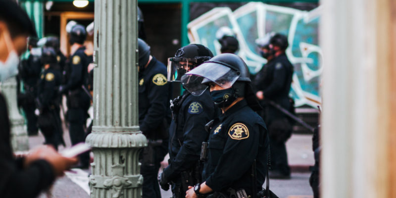 police are on alert as they watch a protest about police brutality