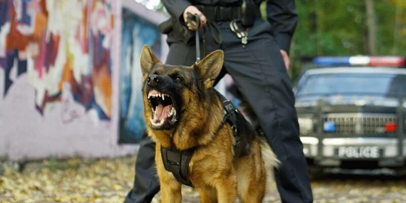 police caucasian shepherd dog barking while policeman holding him on leash