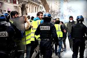 police on duty in a large crowd 