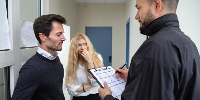 Man and woman talking with a police officer who is noting down details