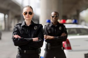 Two police officers wearing goggles standing in an upright posture